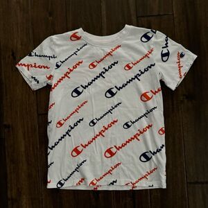 Champion Boys All Over Print White with Orange & Blue Tee M